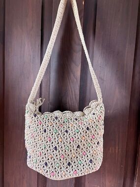 The Sak Cream Crochet Shoulder Bag with Multicolor Beads